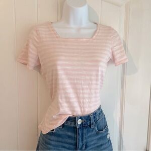 Talbot’s Seashell Stripe Pink & White Cotton Square Neck Top Sz Petite in EUC